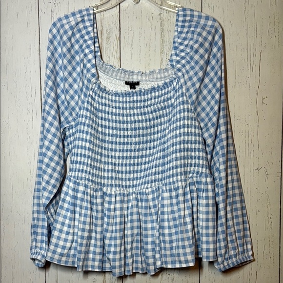 Torrid Rayon Gingham Blue White Smocked Bodice Long Sleeve Crop Blouse 1X - Picture 2 of 5